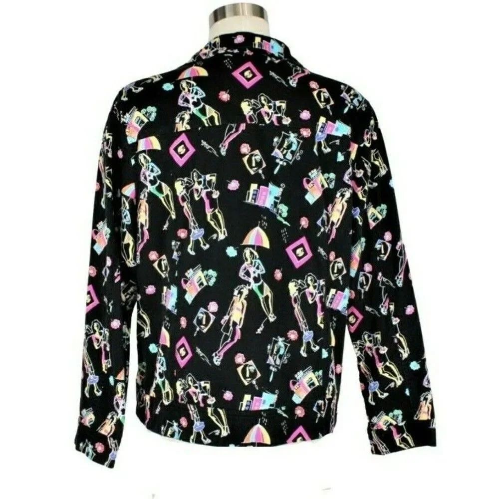 Jacket Lightweight Button Up Cottagecore Fashion Themed Print Pockets Black Sz L - Picture 2 of 7